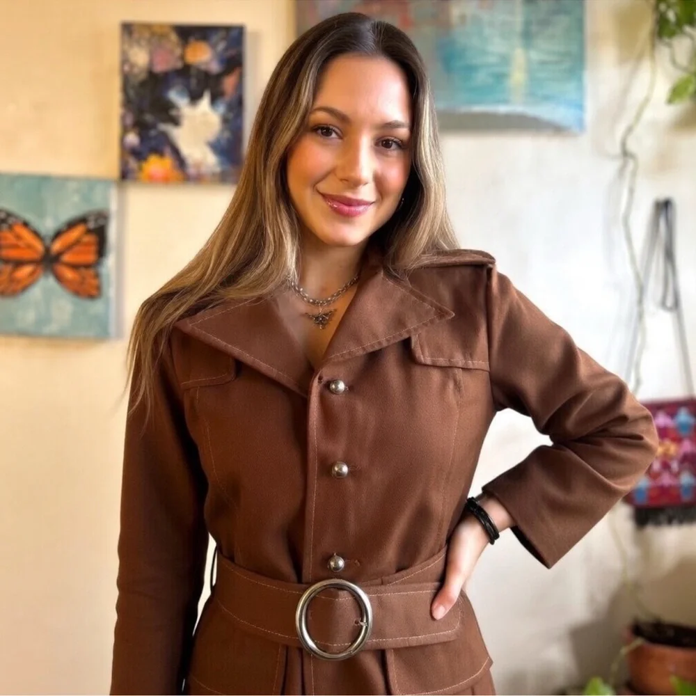 American Vintage Brown Double-Breasted Belted Trench Coat - Picture 3 of 12